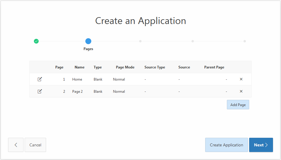 Create application step 2 Pages